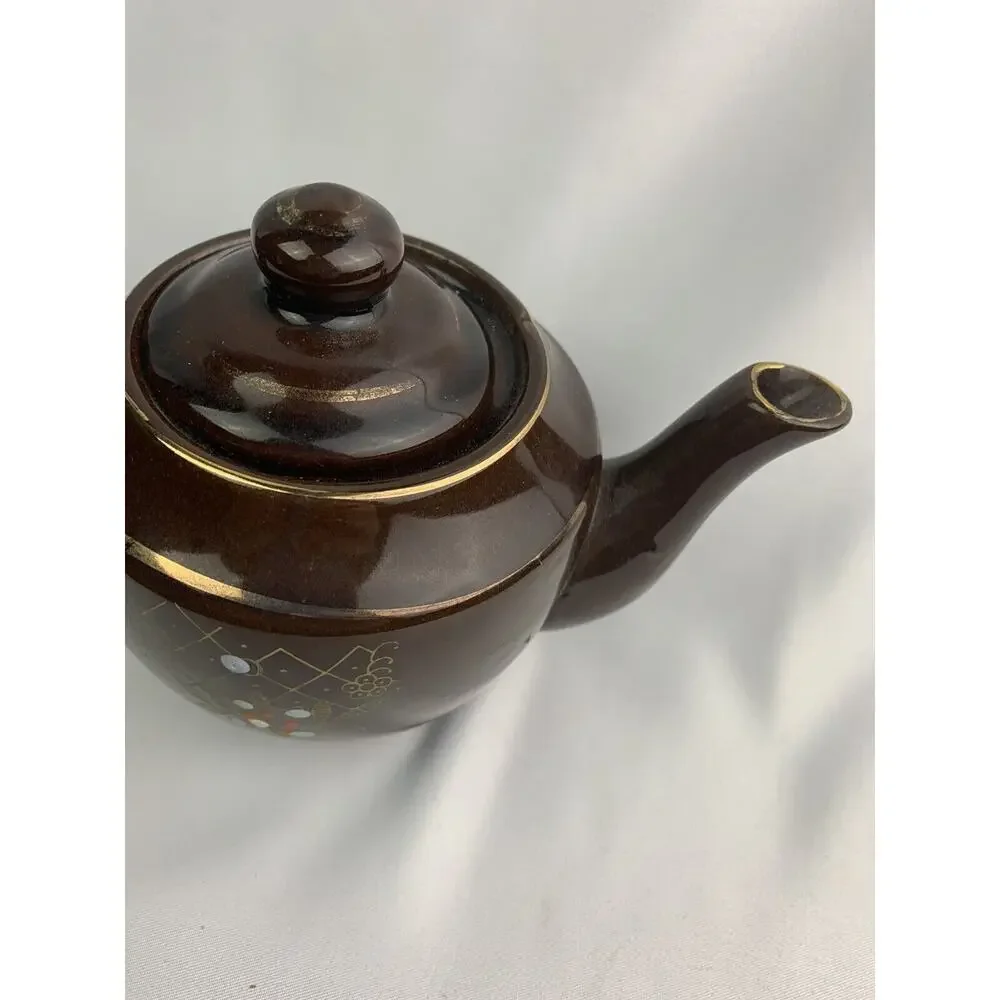 Vintage Brown Teapot Japan Redware Petite Pottery Moriage Style Enamel 4.5